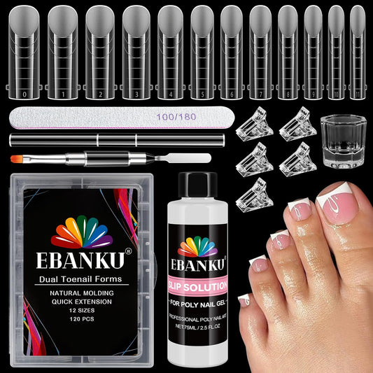 EBANKU Poly Gel Toenail Kit, Reusable Toe Dual Nail Forms with 2.5oz Slip Solution Poly Gel Nail Kit for Toe Nail Tips for Women with Double-end Brush, File, Clips, Liquid Container, 120PCS, 12 Sizes