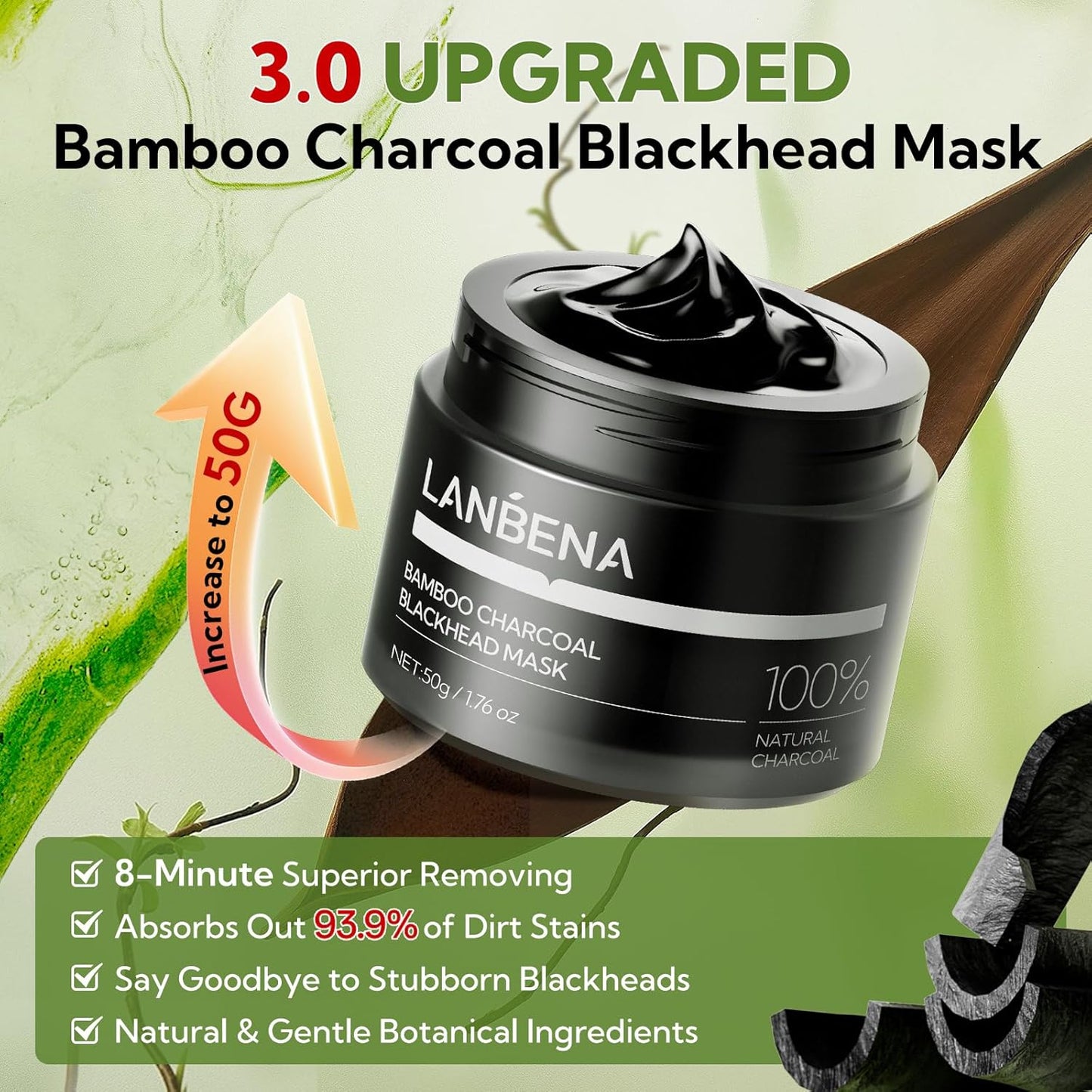 LANBENA 3.0 Bamboo Charcoal Blackhead Remover Mask, 50g/1.76 oz, 120+ pcs Nose Pore Strips, Peel off Face Mask Whiteheads Cleanser Strawberry Nose Purifying, with Amazonian White Clay