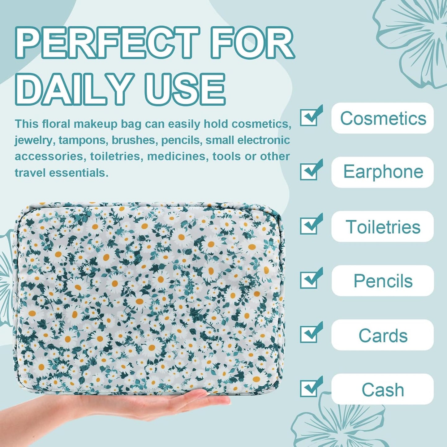 Waterproof Large Floral Makeup Pouch,Nylon Travel Toiletry Storage Purse Preppy Cosmetic Bag for Women Girl,Large Capacity Makeup Organizer Zipper Pouch for Work(L Green-Daisy)