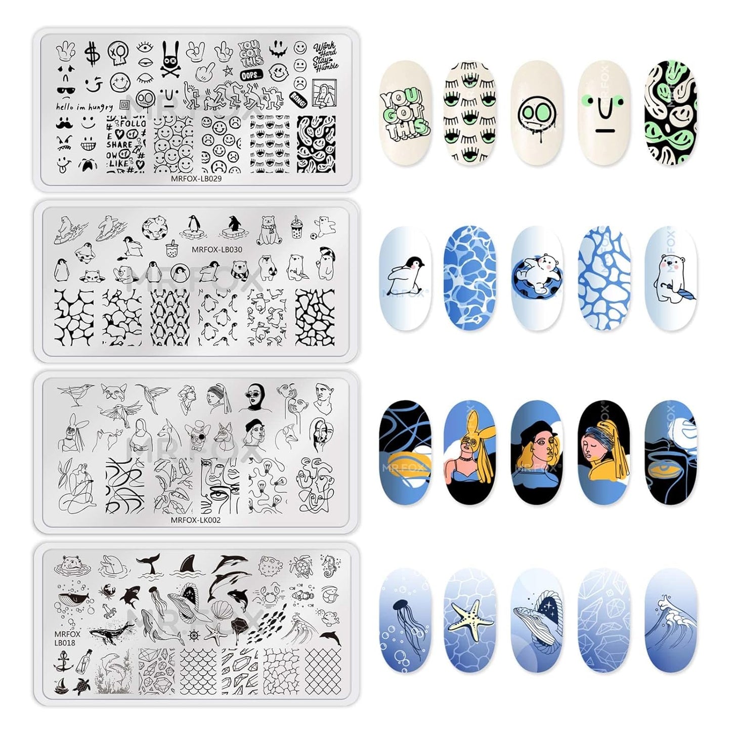 MR.FOX Nail Stamping Plate Set, 8Pcs Nail Art Stamp Kit Templates for Women with Plenty of Images