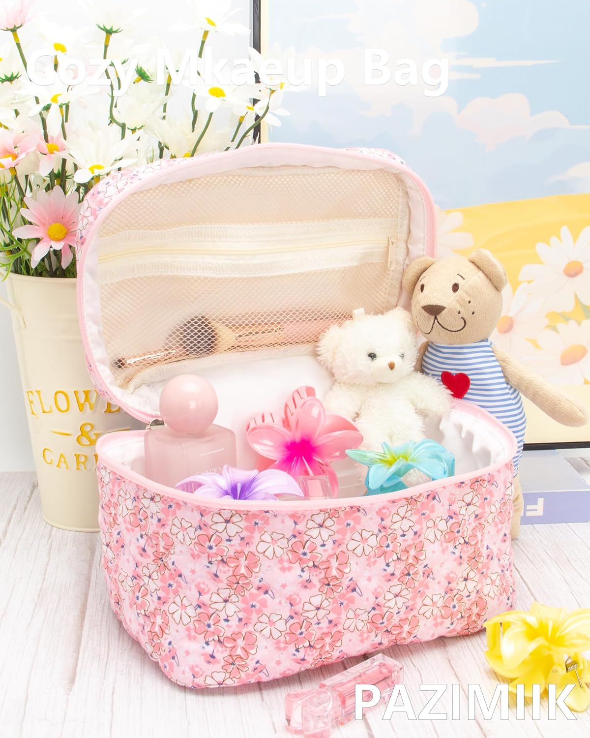 PAZIMIIK Quilted Makeup Bag Large Travel Zipper Soft Cosmetic Case for Women Girls Make Up,Pink Flower
