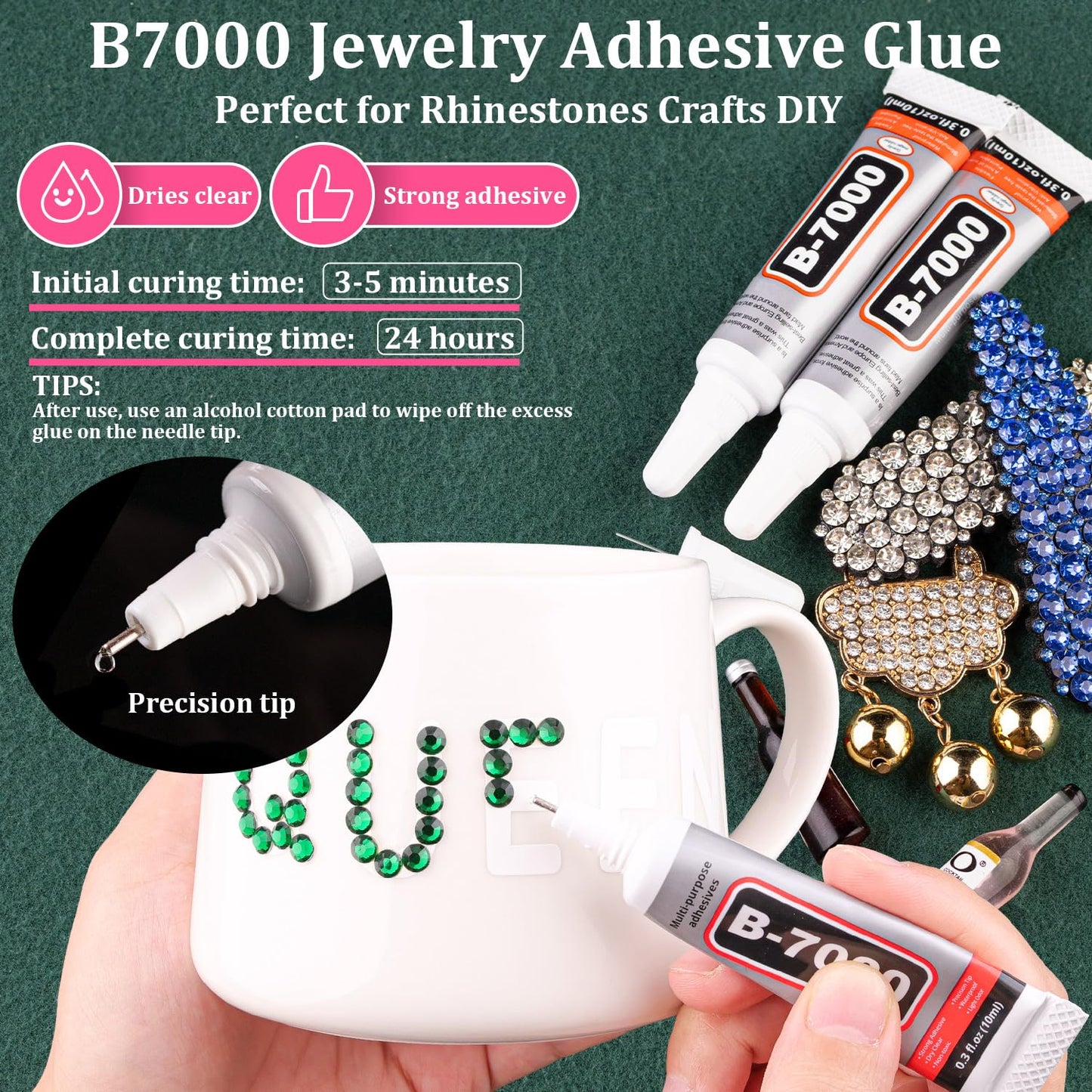 Resin Rhinestones for Crafting with B7000 Jewelry Glue, 2 Boxes Dark Green Flatback Crystals with 3Pcs 10ml Glue for Bedazzling Crafts DIY Nail Art Makeup，Non Hotfix Gems for Clothing Shoes
