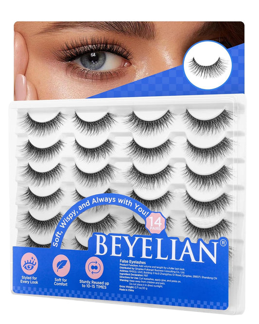 BEYELIAN 14 Pairs False Eyelashes Wispy D Curl 6-14MM Cat Eye Lashes Natural Look, Fluffy 3D Volume Faux Mink Lashes Soft and Lightweight, Reusable, Easy to Apply (14P-HSCS-30)