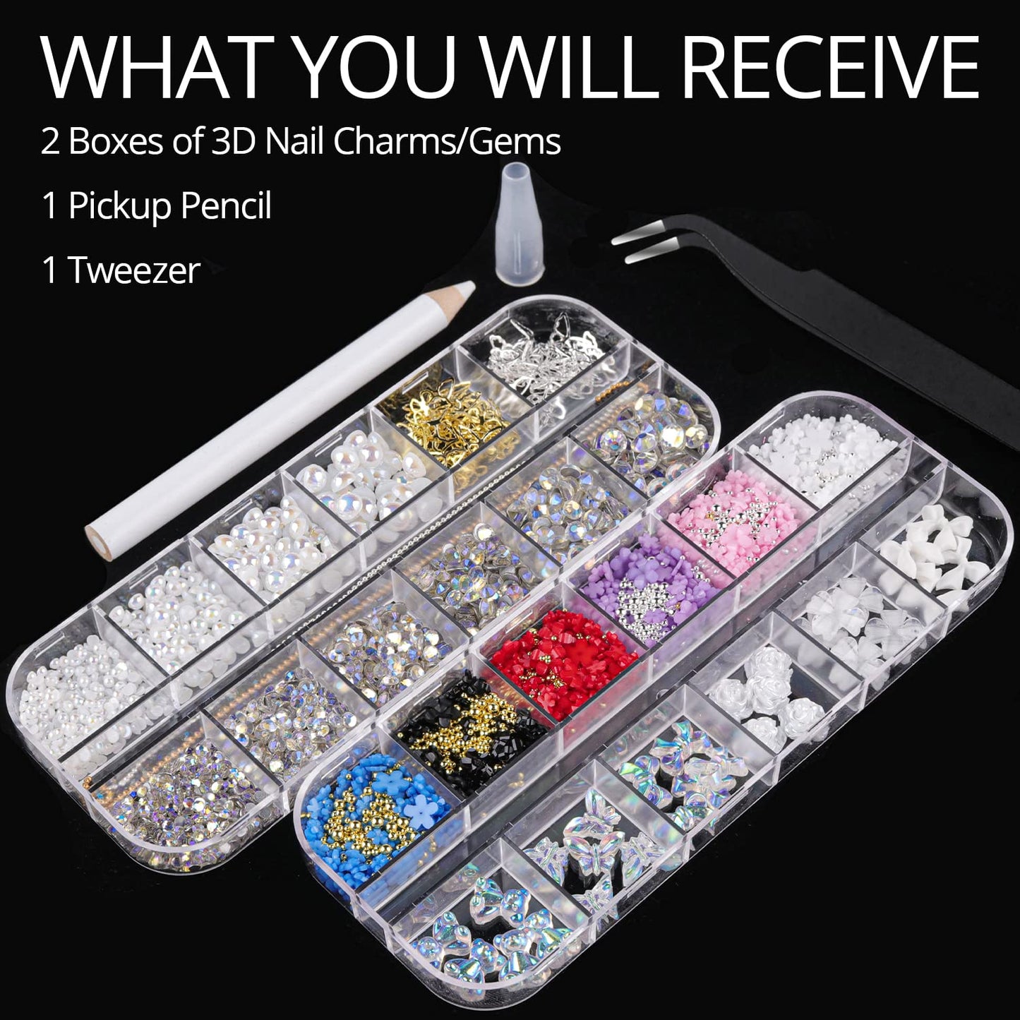 Mixed 3D Nail Art Gem Decoration Accessories Kit #11, Aurora Bear Bow Butterfly Starry AB Rhinestone Charm Jewelry for Deco, Pearl Flower Caviar Bead Stone Crystal with Pickup Pencil and Tweezer