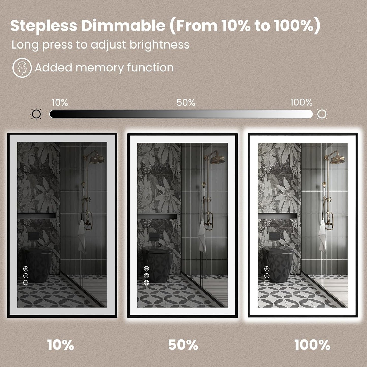 Amorho 40"x 38" LED Bathroom Mirror with Black Frame, Front Light and Backlit(Controlled Separately), Stepless Dimmable, Anti-Fog, Shatter-Proof, 3 Colors, Memory