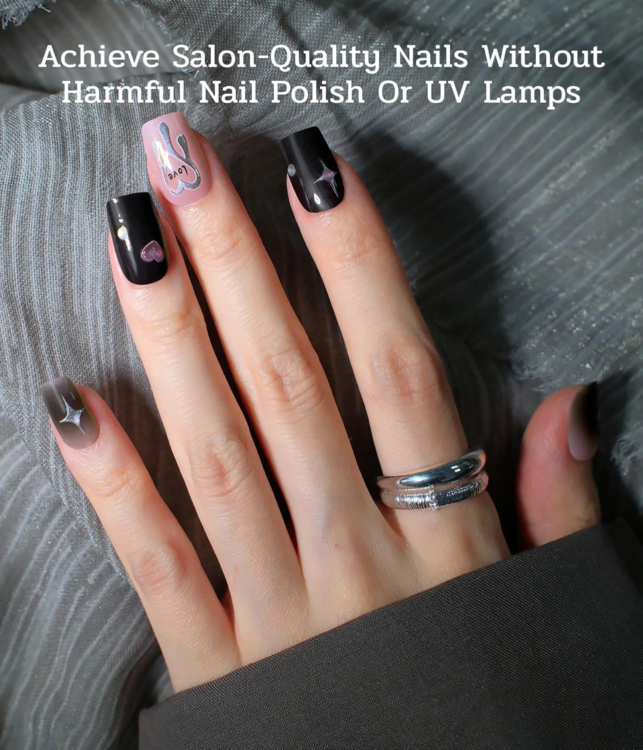 Nail Polish Strips - 22 Pcs Salon Quality Gel Nail Stickers - Long Lasting Wraps (Starlit Blooming Black&Pink)