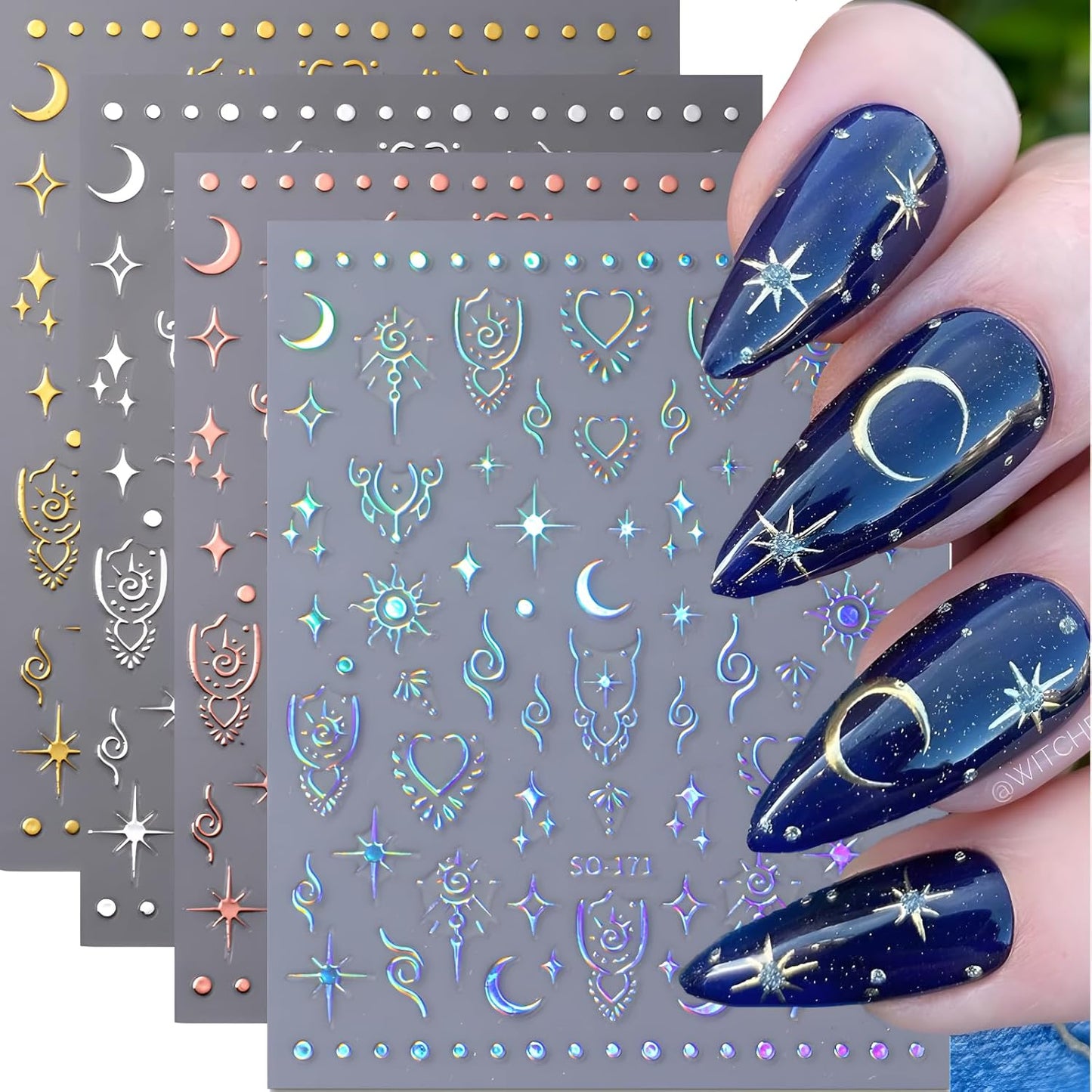 12 Sheets Star Nail Stickers for Nail Art Gold Moon Star Nail Art Stickers Decals 3D Self Adhesive Aurora Nail Decals Silver Star Nail Art Design Decoration Accessories for Women, Style 3