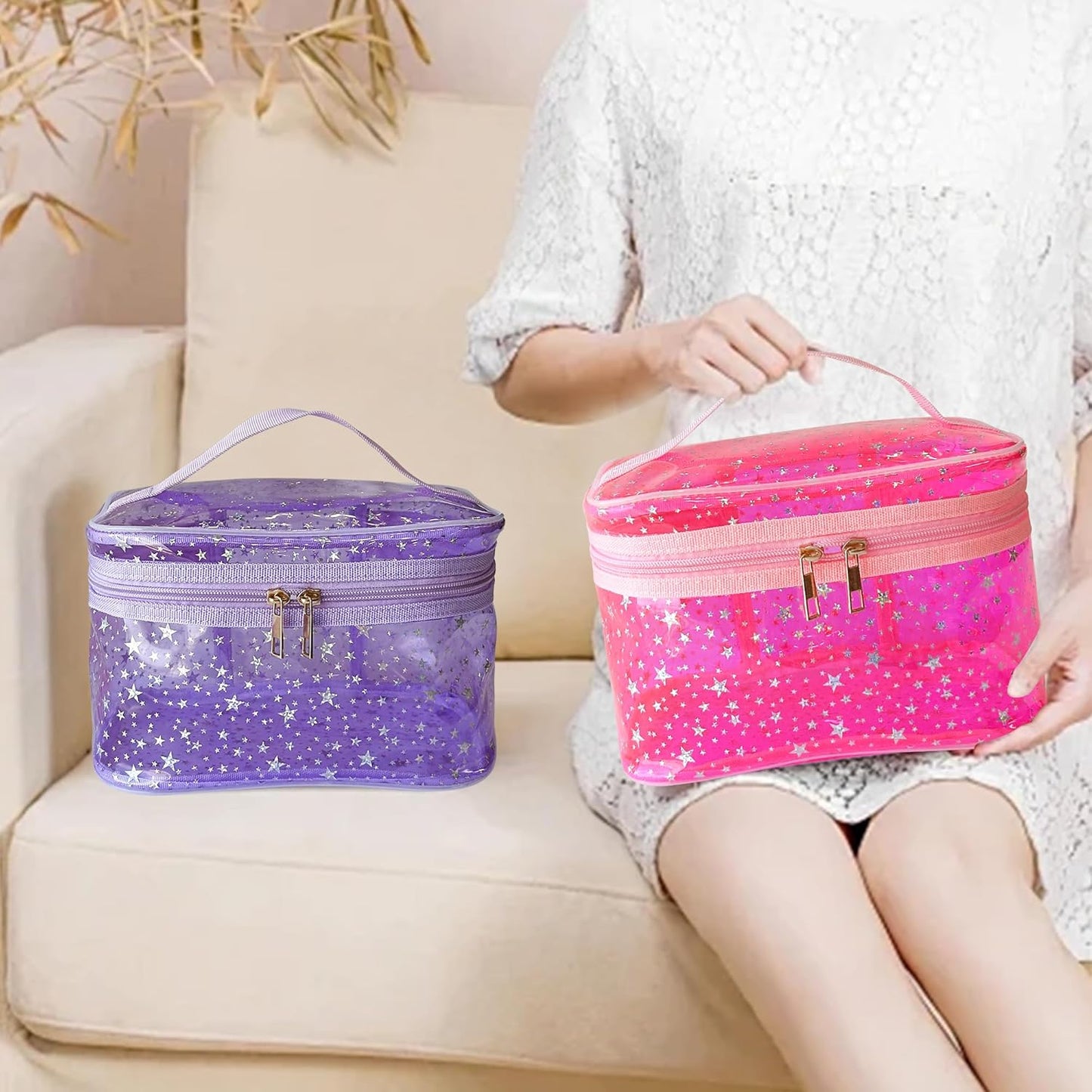 Holographic Makeup Bags Bulk,Clear Storage Bag Toiletry Pocket Portable Zippered Iridescent Pouch Waterproof Cosmetic Gift Bags for Women (Yellow-L)