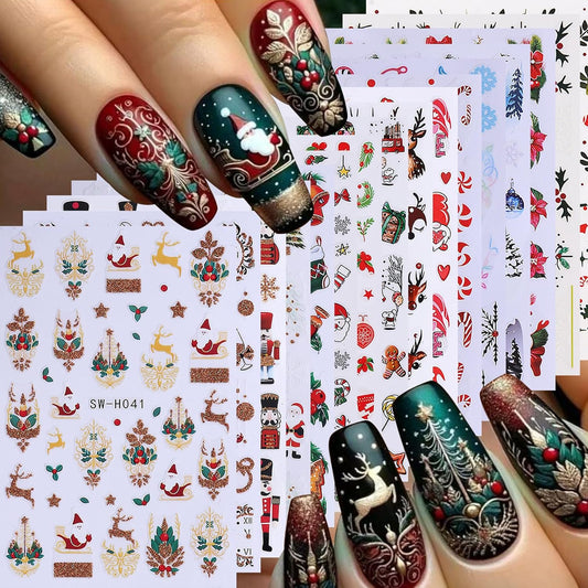Christmas Nail Art Stickers Decals 16PCS 3D Self-Adhesive New Year Sticker for Nail Art Santa Claus Tree Elk Snowman Gonks Red Designs DIY Xmas Winter Decor Nail Art Supplies for Women Girls