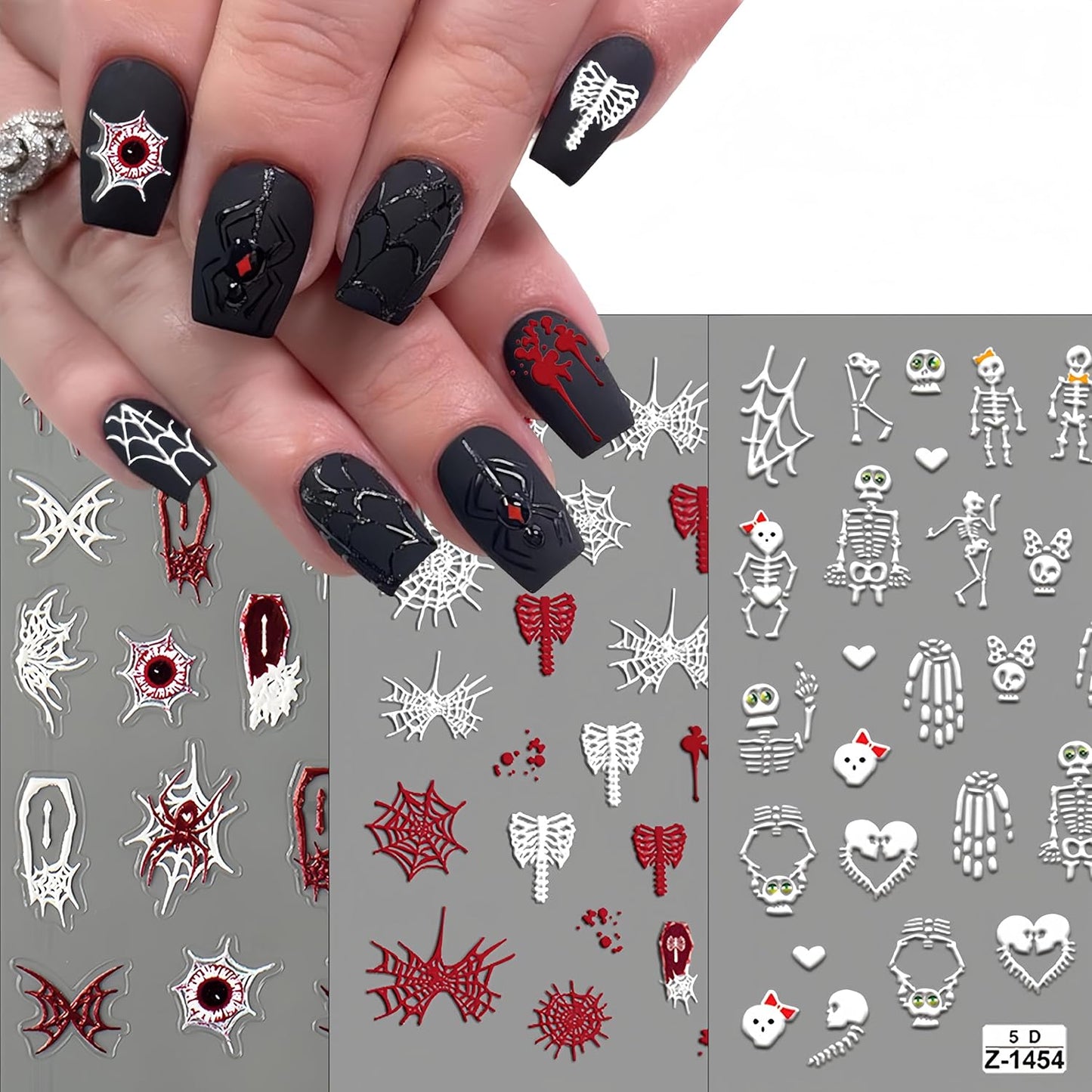 Halloween Nail Art Stickers Skull Ghost 5D Exquisite Embossed Self-Adhesive Nail Decals Scary White Skull Red White Spider Web Designs Nail Decals for Women Girls DIY Nail Decoration 3Sheets