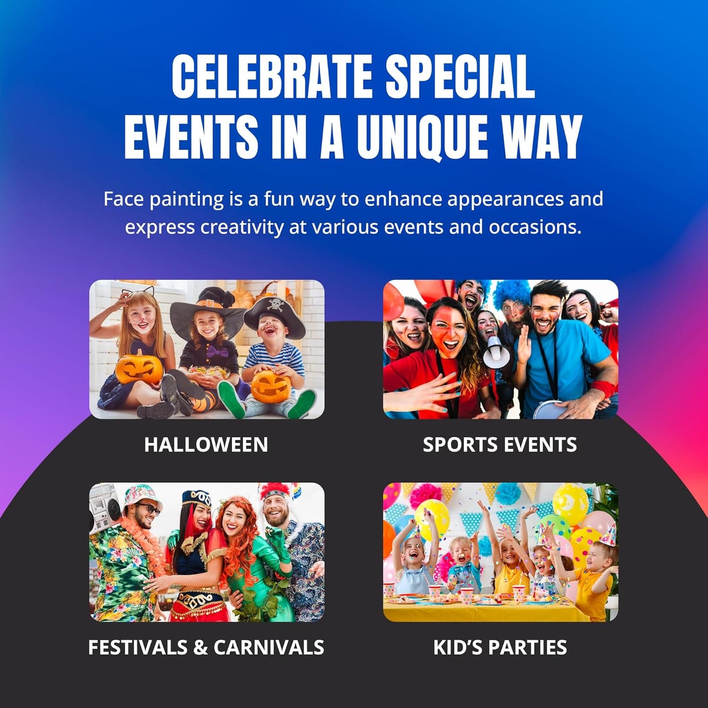 Professional Face Painting Kit - Skin Friendly Face Paint Kit - Cruelty-Free & Vegan Water Based Face Paint Makeup for Theatre, SFX and Halloween- 8 Colors 5g Each - Splashes & Spills (Neon Colors)