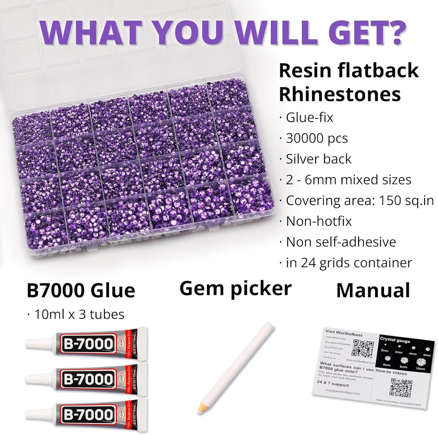 30000Pcs Resin Rhinestones Set for Crafting Bedazzling, Lavender Flatback Gems Jewels for Crafts Clothes Shoes Fabric Outfit Nails Makeup, Flat Back Crystal 2-6mm with b 7000 Glue