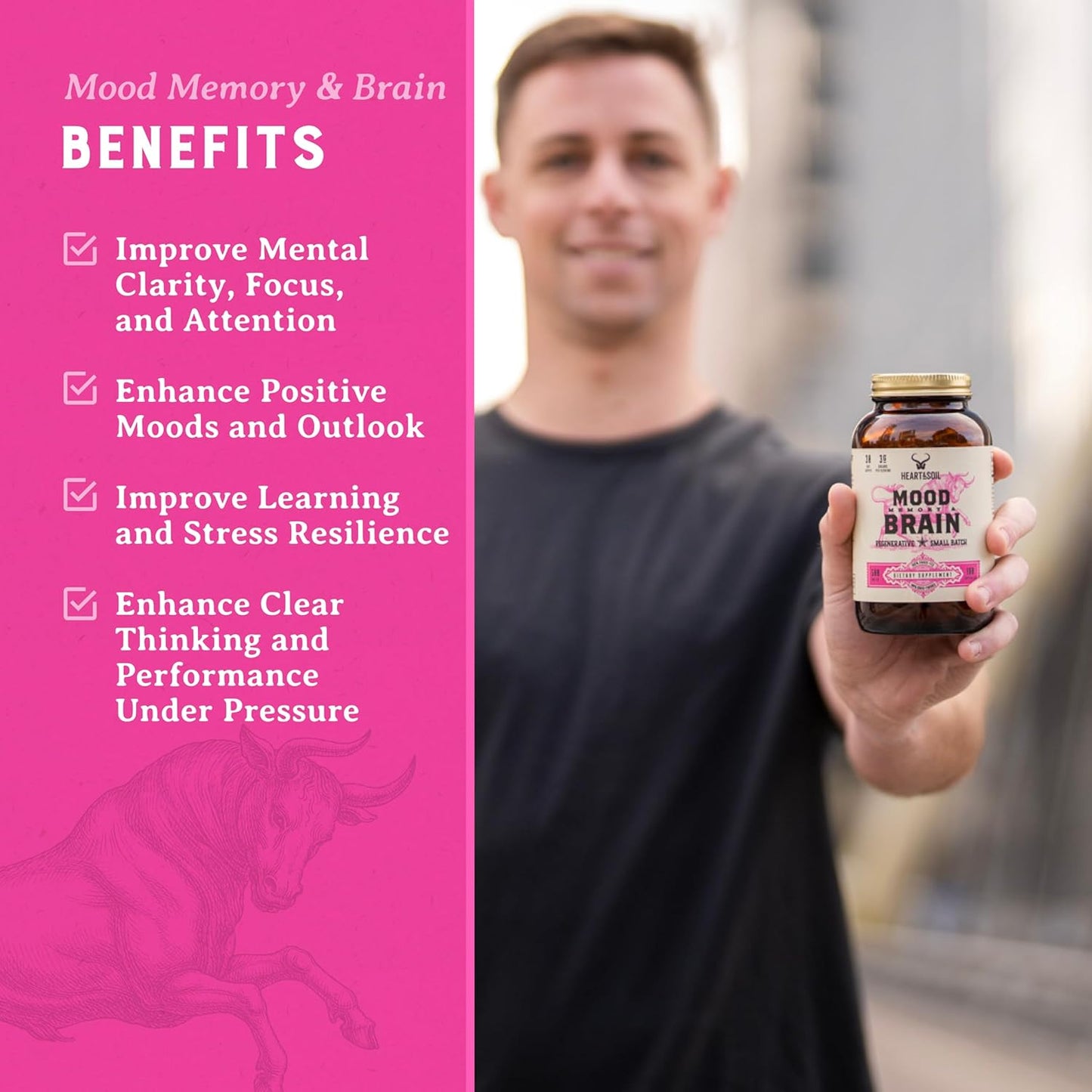 HEART & SOIL Grass Fed Beef Brain Supplement – 3000mg Brain Supplements for Memory and Focus with DHA, EPA, Choline, B12, Folate, Riboflavin, Selenium & Copper - Non-GMO, Allergen-Free - 180 Capsules