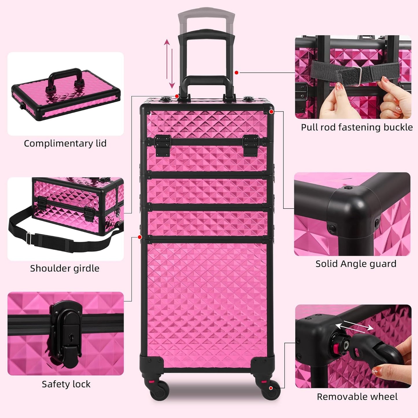 Rolling Makeup Case, Makeup Train Case with Lid, 5 in 1 Cosmetology Case on Wheels, Christmas Gift, Large Makeup Organizers, Profesional Cosmetic Case for Salon Barber, Rose Red