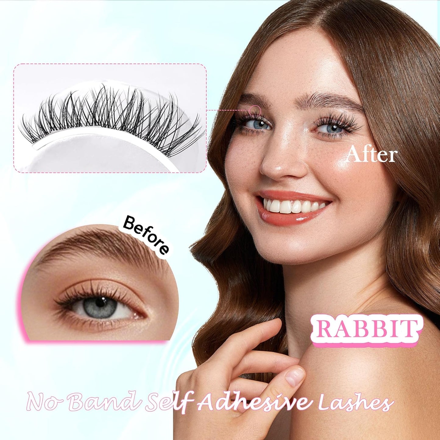 GAQQI Self Adhesive Eyelashes Clusters, No Glue Lash Clusters 10-16mm Wispy & Wet Cluster Lashes, No Band Press On Lashes, More Comfortable & Stronger Hold (Rabbit）