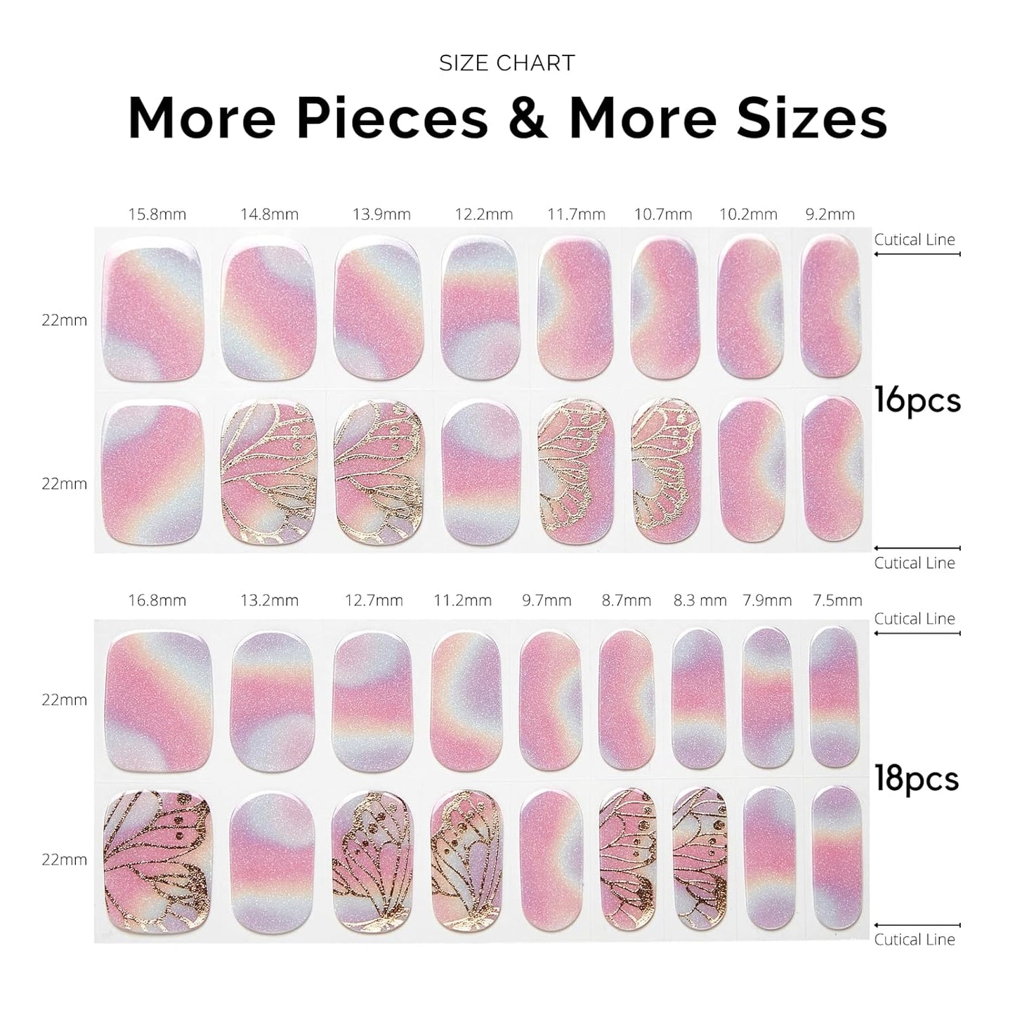 Semi Cured Gel Nail Strips - NAILOG 34 Pcs Rainbow Butterfly Gel Nail Stickers Pink Extra Long Nail Wraps with Glossy Gel Finishing for Spring Summer, Flying Wings