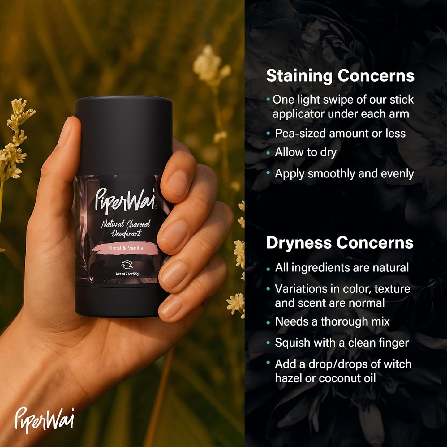 PiperWai Natural Deodorant w/Activated Charcoal | Odor Protection, Vegan, Aluminum Free, Shark Tank Product for Women & Men | Great for Travel, & Gifts | 2.6 oz (75g) Floral Vanilla Scented Stick