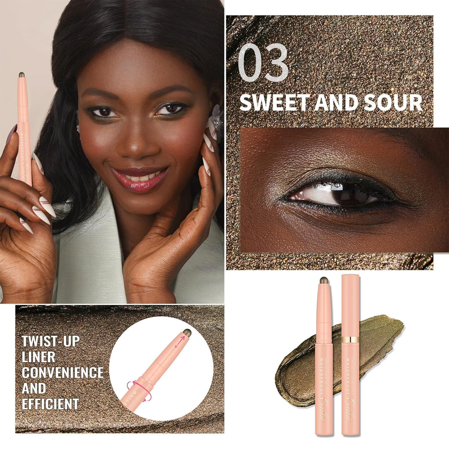 Oulac Twist-Up Eyeshadow Pencil – Waterproof Creamy Stick Blendable Texture, Vegan & Cruelty-Free Eye Makeup, 1.25g, 03 Sweet and Sour