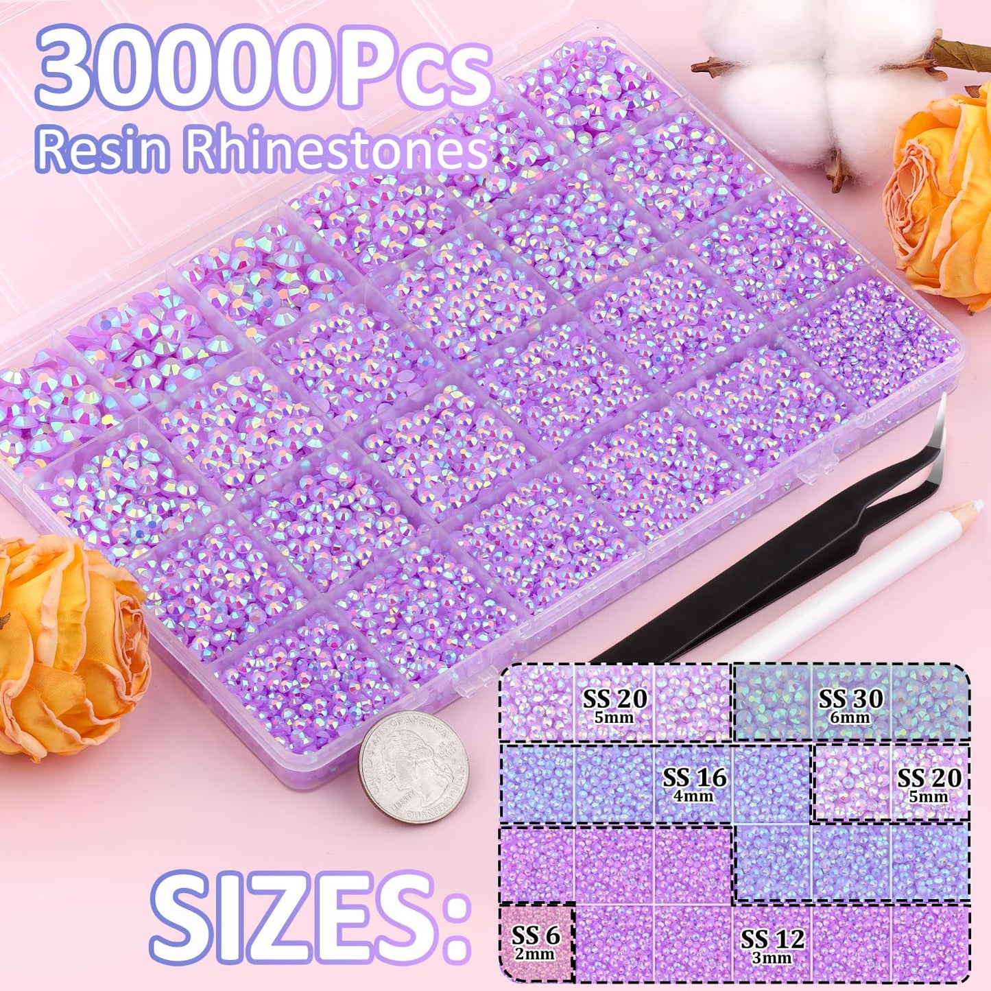 30000Pcs Lavender Purple AB Rhinestones for Bedazzling with B7000 Jewelry Glue, Bedazzler Kit Flatback Gems, Resin Rhinestones for Crafting Crafts Clothing Shoes Nail Art Assorted Size 2/3/4/5/6mm