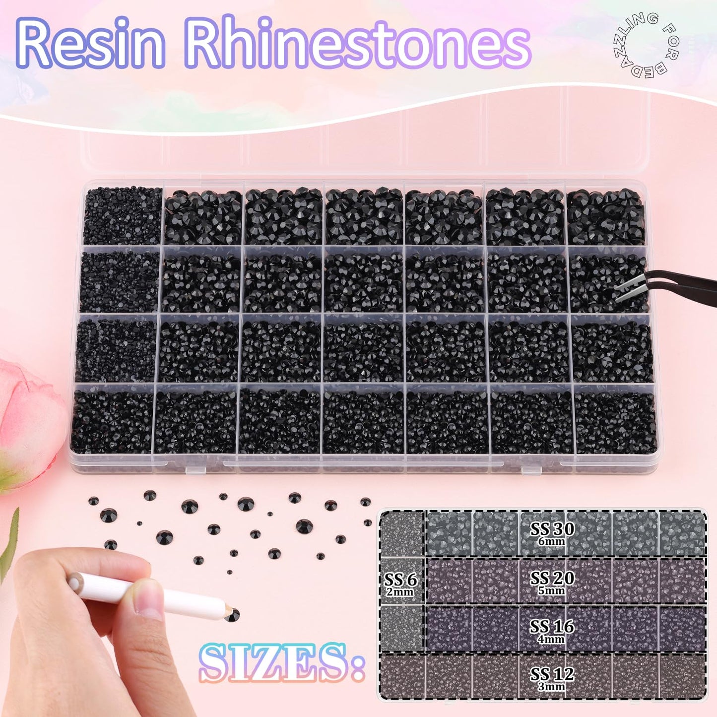 30000Pcs Resin Rhinestones for Bedazzling with 3Pcs B7000 Jewelry Glue, Black Flatback Gems Rhinestones for Crafting, Clothing Tumblers Mugs Shoes Fabric Decor Nail Art