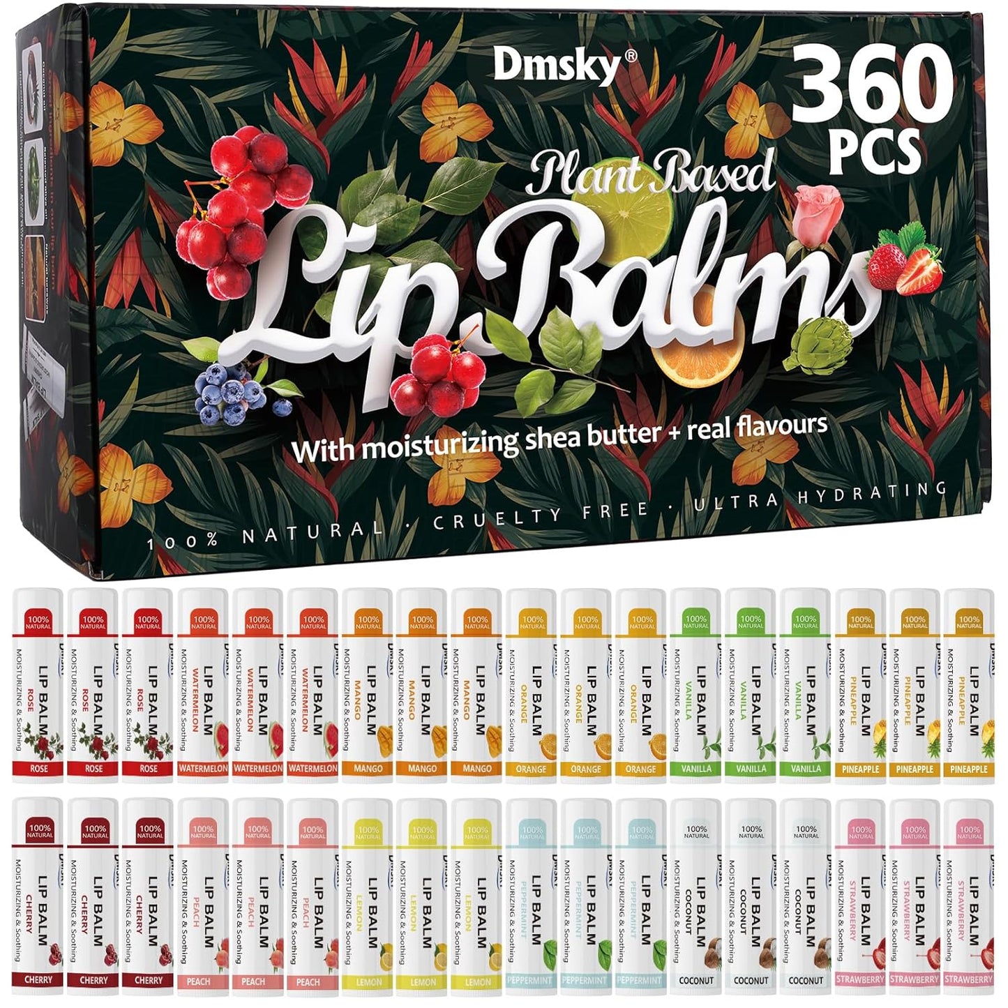 Dmsky Lip Balm Bulk - Fruit Variety Pack, Hydrating for Men, Women, Kids - 0.15 Oz, 360 Count