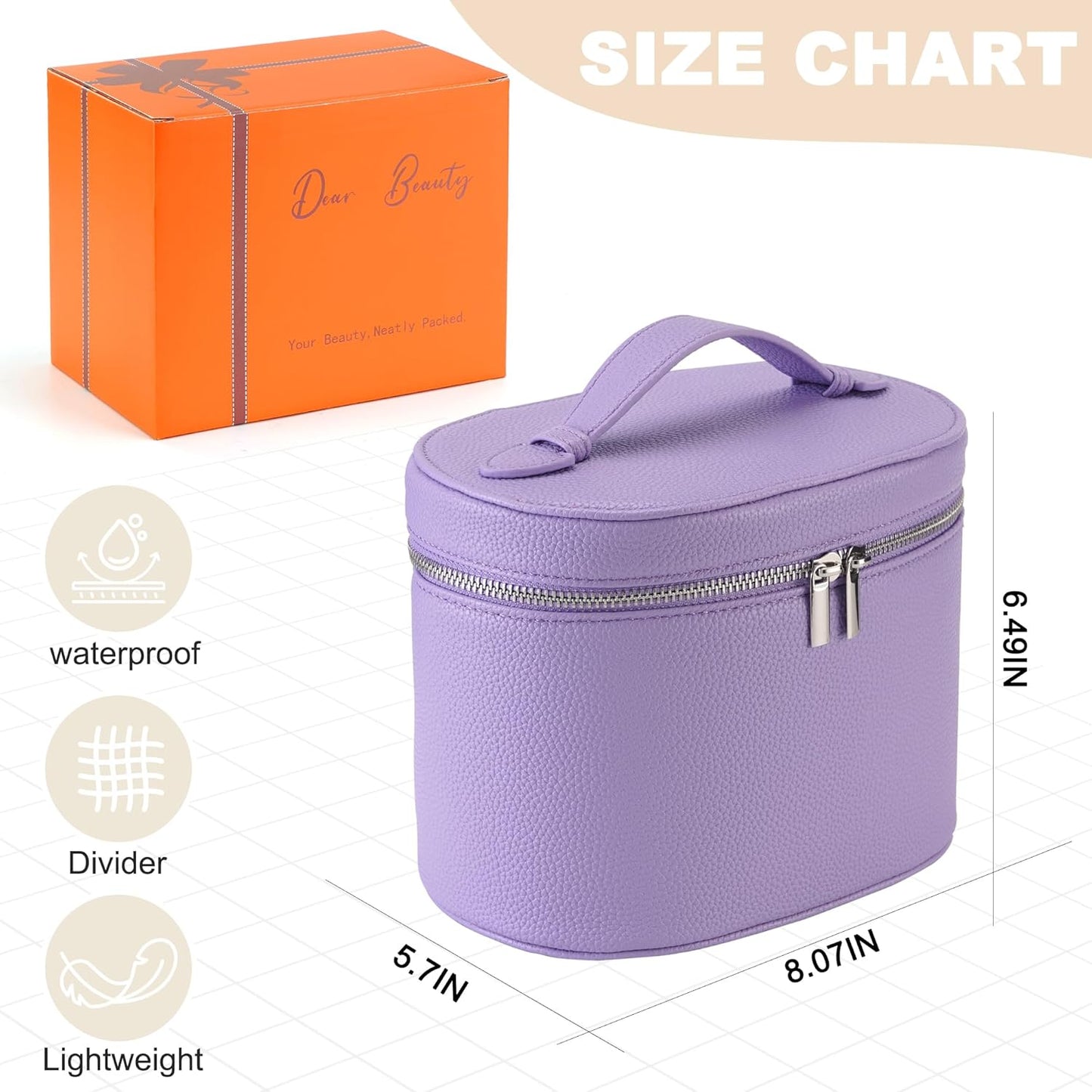 Makeup Bag Vanity Case Cosmetic Bag with Removable Divider Travel Toiletry Bag for Women Portable Make up Box Organizer, Purple