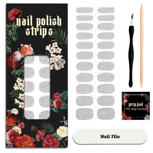 Nail Polish Strips - 22 Pcs Salon Quality Gel Nail Stickers - Long Lasting Wraps (Lightning Storm Silver Glitter)