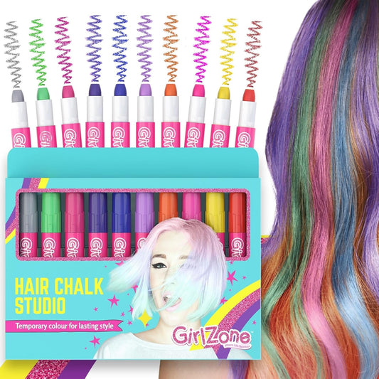 GirlZone Hair Chalks Set, 10-Piece Temporary Hair Chalk For Kids, Easy to Apply and Remove Temporary Hair Color for Kids Dress Up Parties, Role Play, Gift-Ready Vibrant Girls Hair Chalk Set