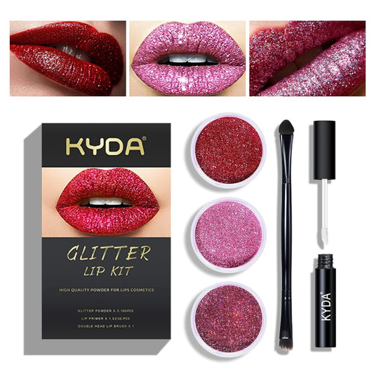 KYDA 3 Colors Glitter Lip Kit, Diamond Metllic High Pigmented Powder for Lips Cosmetics, Glitter Lips Makeup,with Lip Primer and Brush, Long Wear-Set A