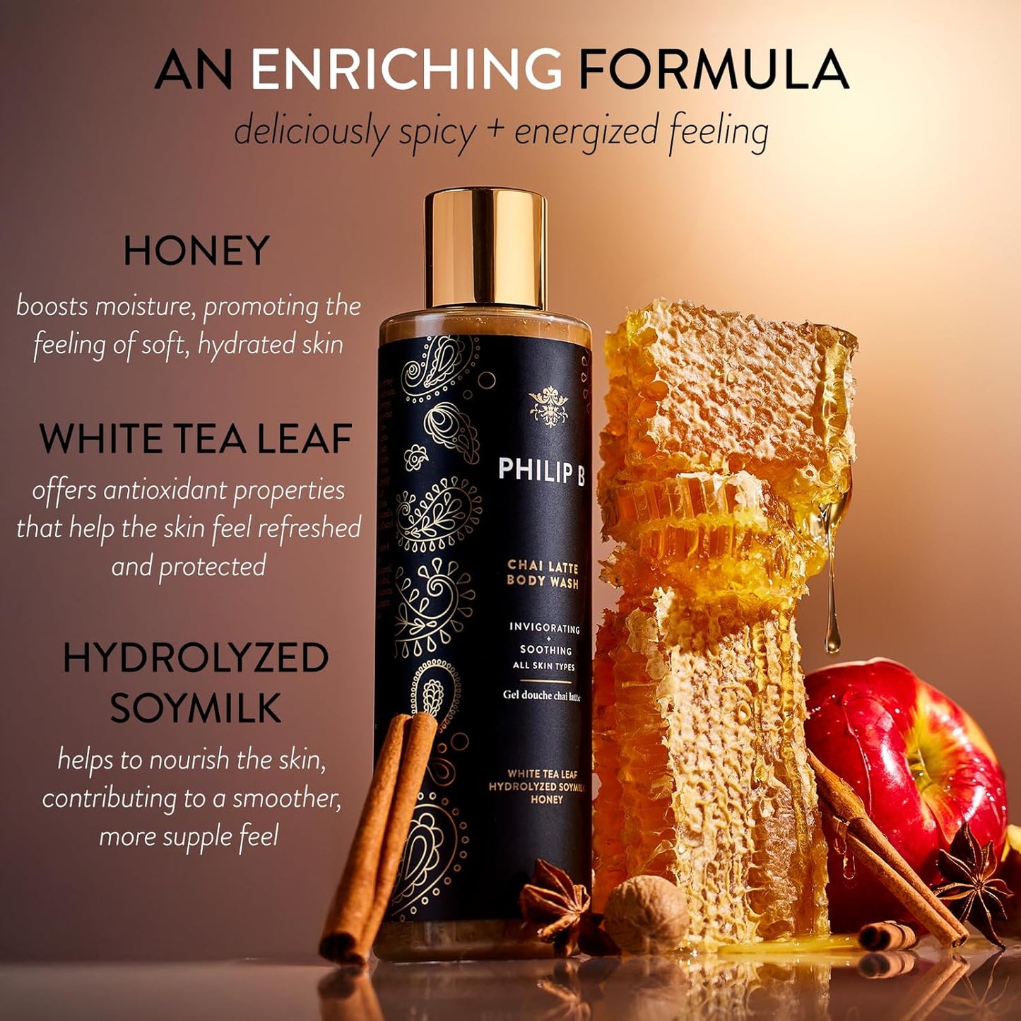 PHILIP B Chai Latte Body Wash 11.5 Fl Oz (340mL) - Invigorating + Soothing, Formulated with White Tea Leaf, Hydrolyzed Soymilk & Honey, for All Skin Types