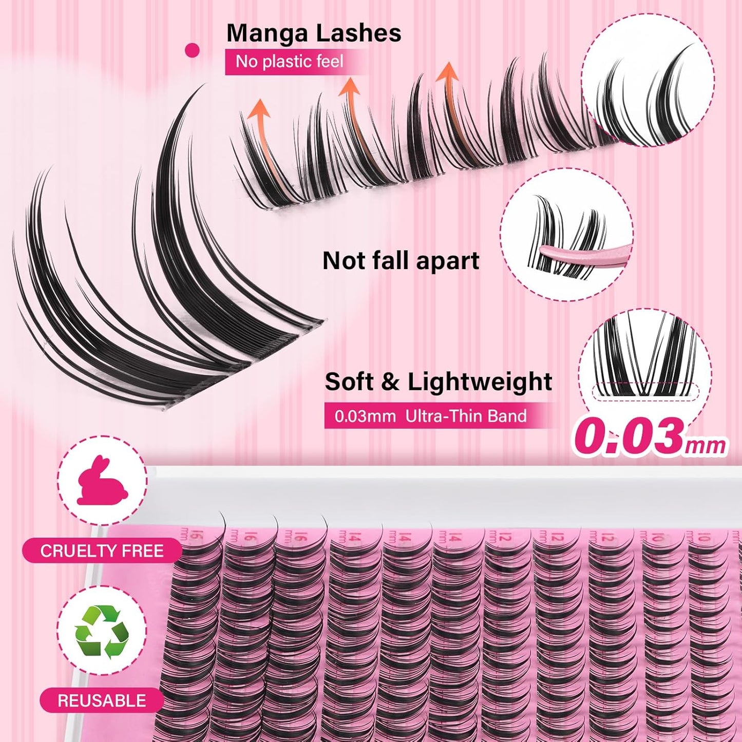 PRO LASHBEAUTY Manga Lash Clusters, Eyelash Clusters 8-16 Mixed Cluster Eyelash Extensions Mixed Lash Extension Volume Reusable Soft & Comfortable (Genie,8-16mix)
