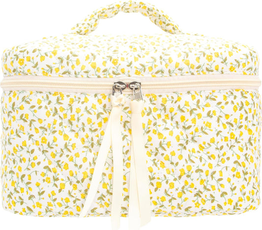 PAZIMIIK Quilted Makeup Bag Large Travel Zipper Soft Cosmetic Case for Women Girls Make Up,Floral Yellow