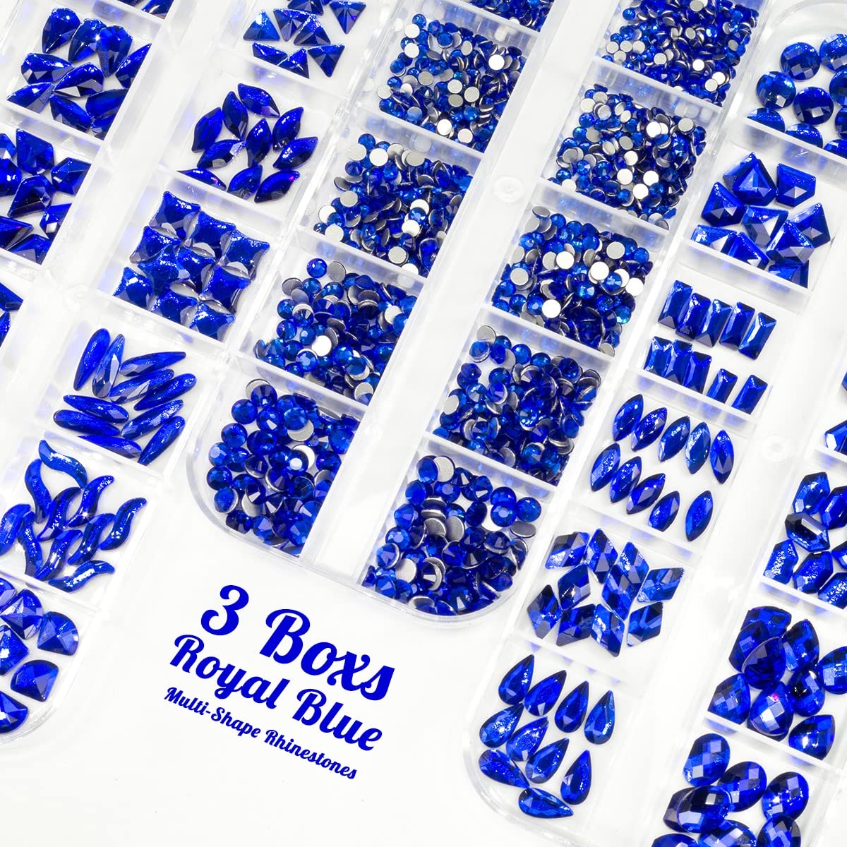 3 Boxes Royal Blue Nail Rhinestones 240 Multi-Shapes Sapphire Big Gems K9 Glass Flatback Round Beads Crystals Stones Diamonds Nail Art Charms for Nails Face Eyes Makeup Crafts Tumblers Clothes