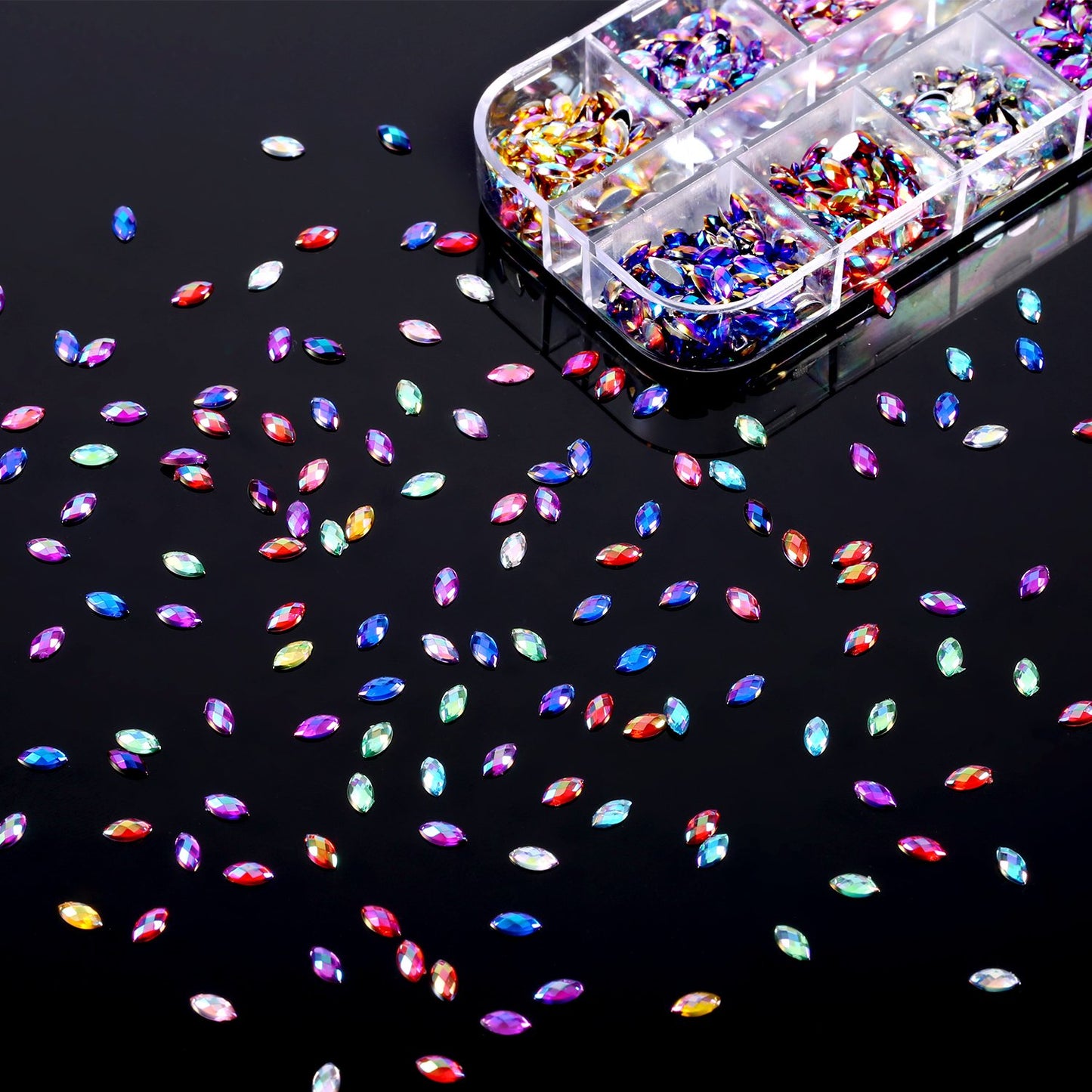 TecUnite 1200 Pieces 12 Colors Shiny Nail Rhinestones Horse Eye Nail Rhinestones Flat Back Gems Decorations Supplies with Box Face Art Gem Jewel for Halloween Party Decorations Crafts (12 Colors)