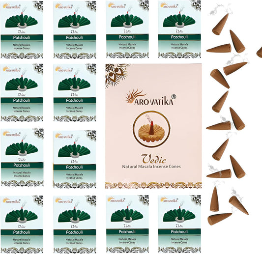 ARO VATIKA Vedic Patchouli Natural Masala 120 Incense Cones in Pack of 12 Boxes| Environment-Friendly Dhoop- Best for Prayer, Reiki, Meditation and Relaxation | Burn Time- 25 mins