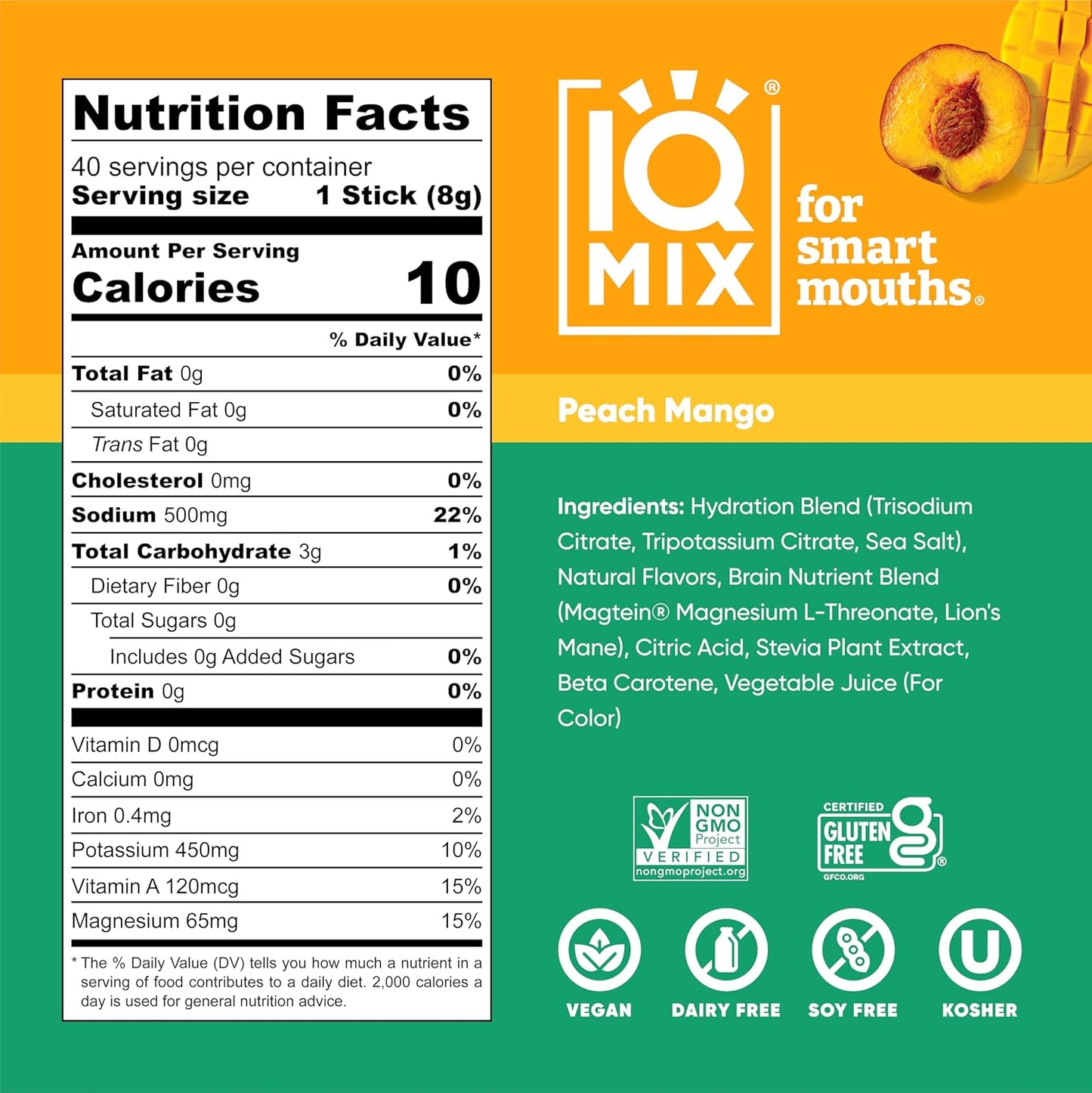 IQMIX Hydration Electrolyte Powder – 4-in-1 Formula for Hydration, Mental Clarity, Mood and Recovery – Sugar-Free Drink Mix, Keto, Magnesium L-Threonate, Lion’s Mane – 40 Count Peach Mango