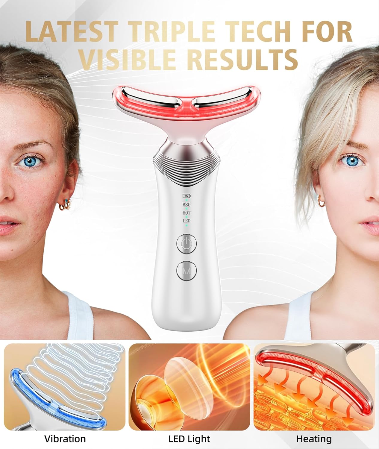 9-in-1 Red-Light-Therapy-for-Face-and-Neck, Portable Facial Massager Tool with Adjustable Vibration & Thermals for Wrinkles, Double Chin, White