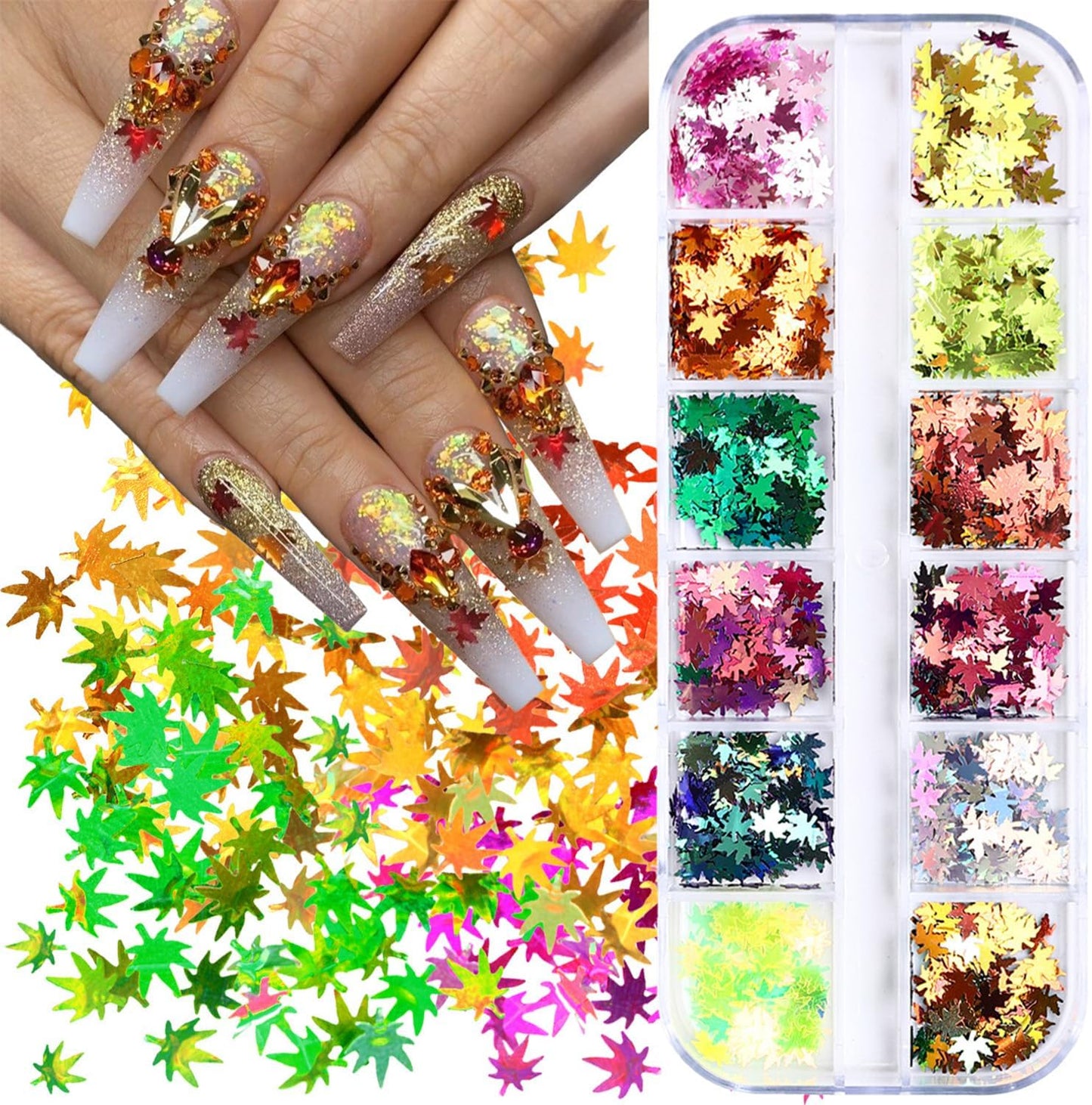 Thanksgiving Glitter Maple Leaf Nail Sequins Holographic Laser Mixed Color Fall Nail Flakes Design Nail Charms 3D Confetti Nail Art Stickers Maple Leaves Nail Glitter Sequins for Women
