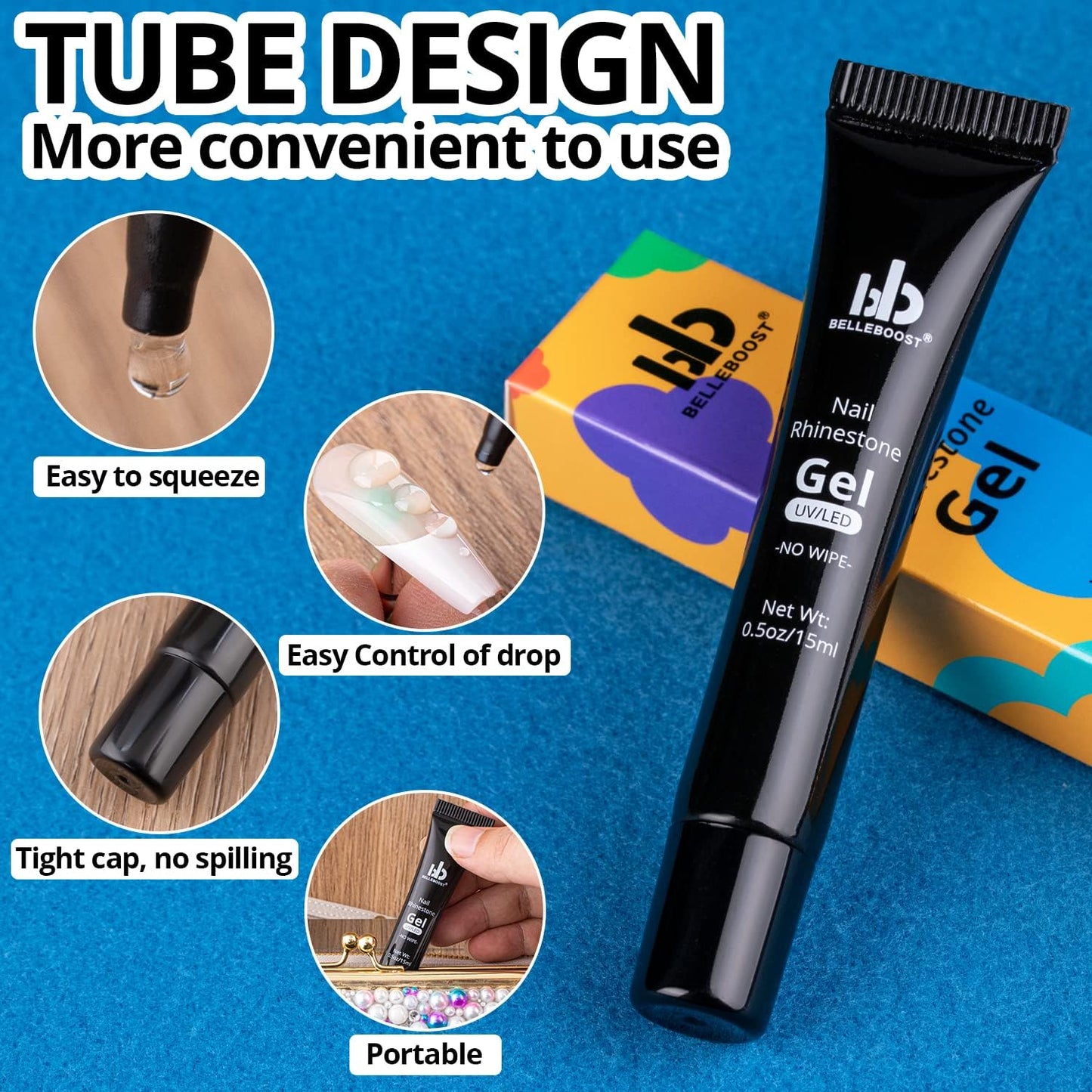 Nail Art Rhinestone Glue Gel&Flatback Gems Accessories Kit, 1 Tube of 15ml Rhinestone Gel Glue(UV/LED Needed)+1 Box of Colorful 3D Flowers with Dual end Brush Tool and Tweezer