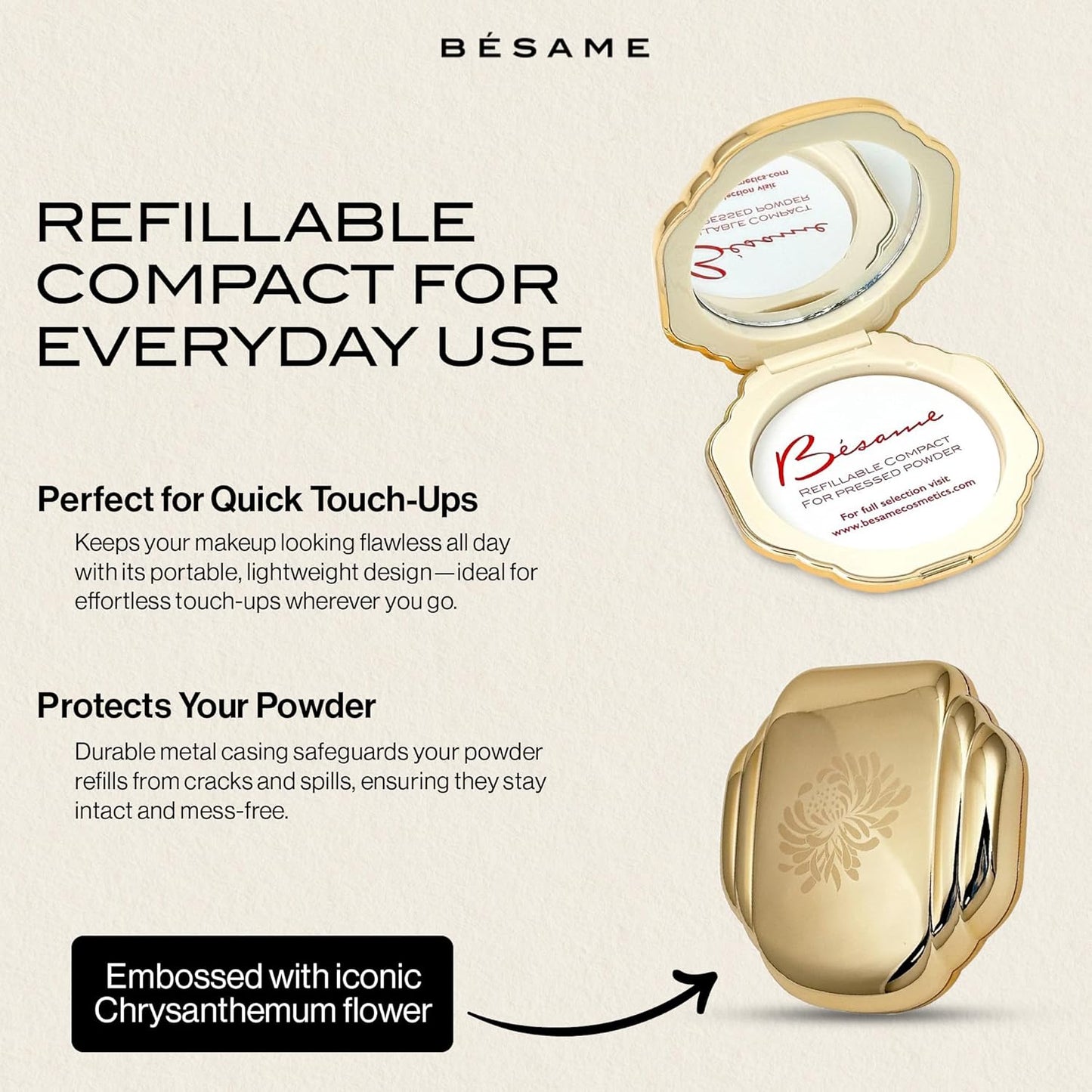 Besame Refillable Pressed Powder Compact | 1930s Art Deco Design | Makeup Case with Mirror & Magnetic Closure | Compatible with Besame Blush, Eyeshadow & Setting Powder Refill | Cosmetics Not Included