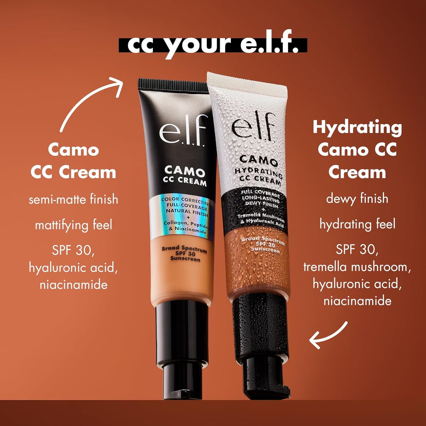 e.l.f. Hydrating Camo CC Cream, SPF 30, Color Correcting Full Coverage Foundation For A Dewy Finish, Vegan & Cruelty-Free, Deep 530 W
