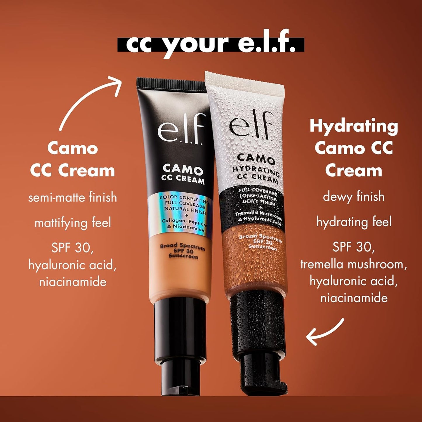 e.l.f. Hydrating Camo CC Cream, SPF 30, Color Correcting Full Coverage Foundation For A Dewy Finish, Vegan & Cruelty-Free, Medium 310 C