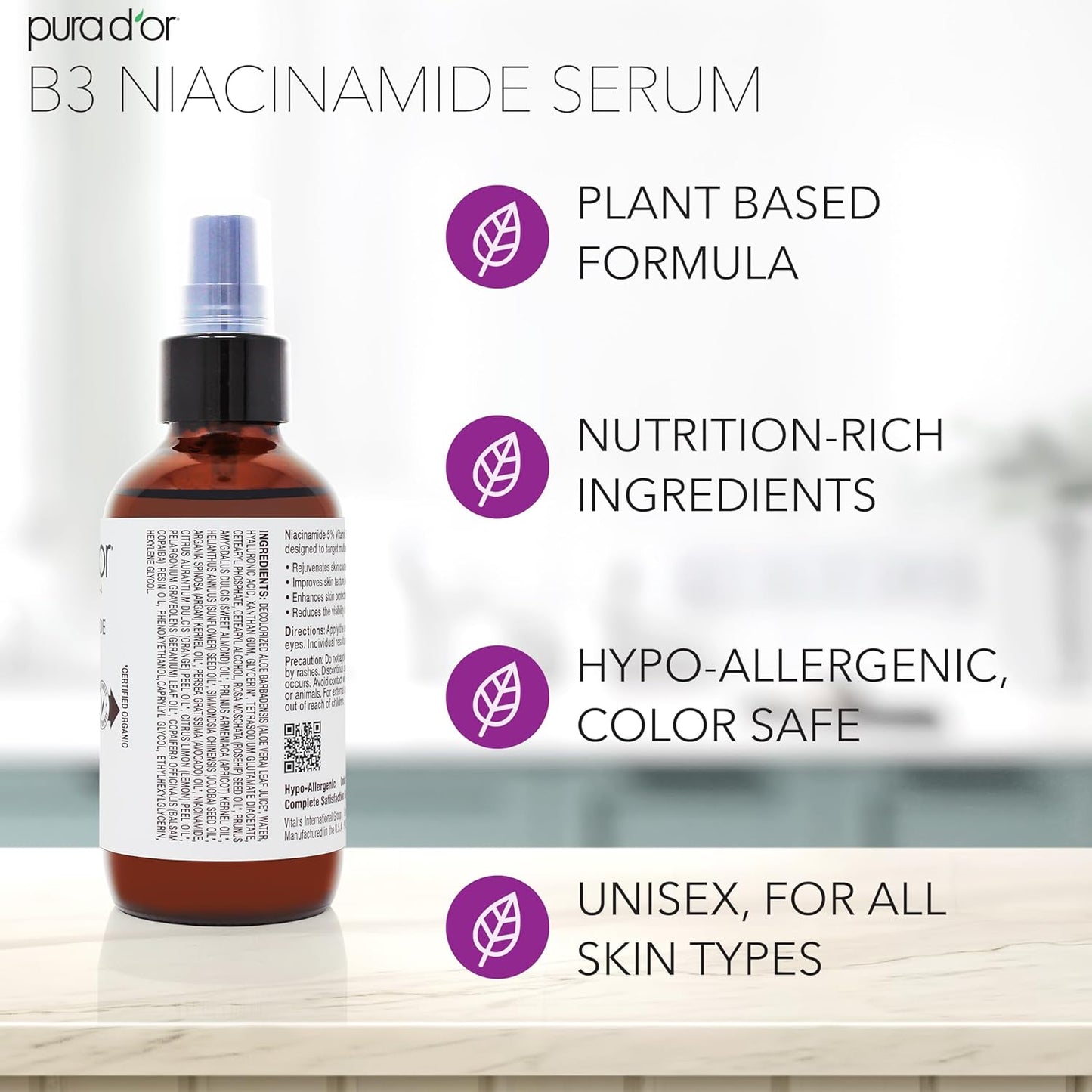 PURA D'OR 3.3 Oz B3 Niacinamide Advanced Facial Serum - Skin Care Formula with Retinol For Wrinkles, Hydration & Radiant Complexion - All Skin Types, Hypoallergenic - Women & Men