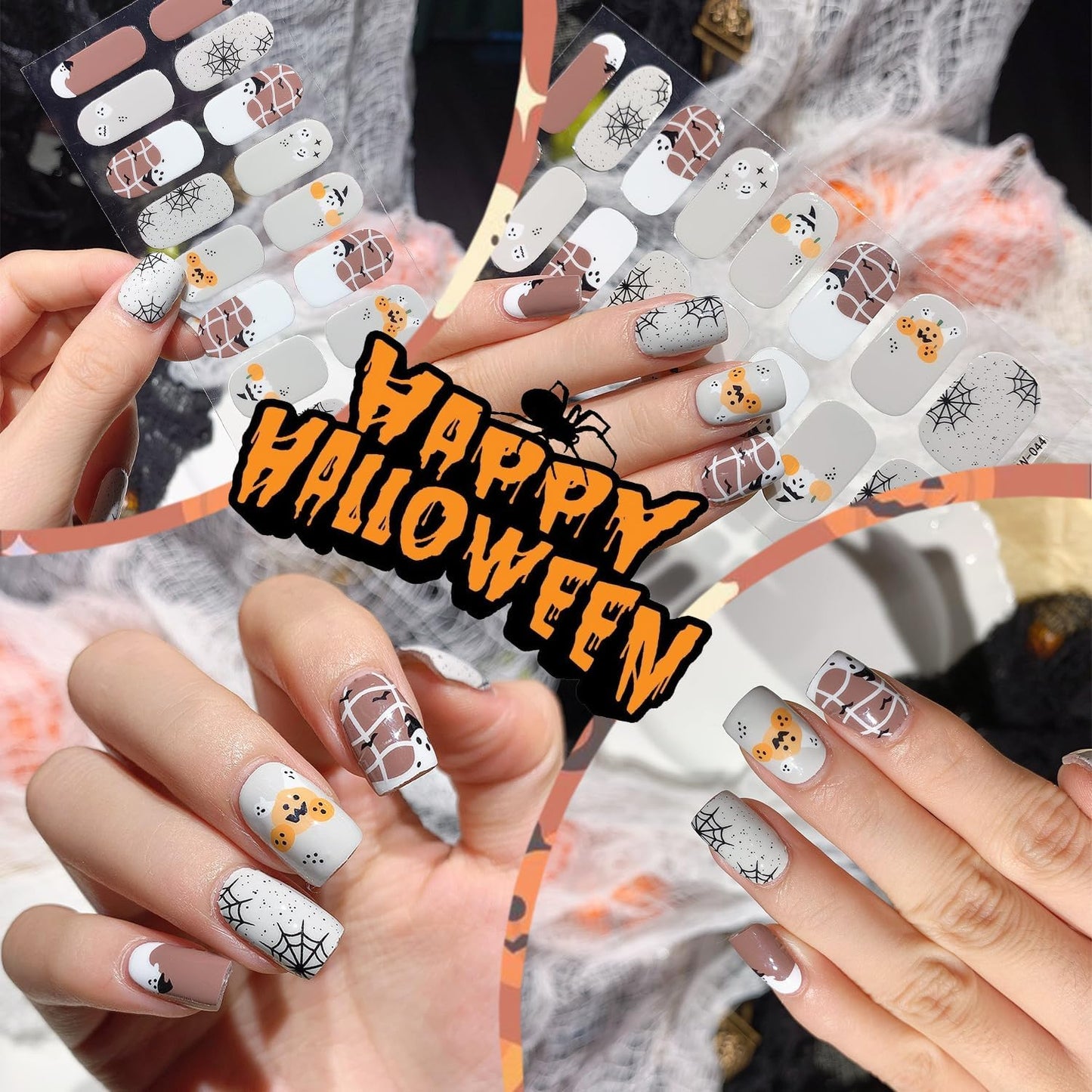 6 Sheets Spider Web Nail Polish Strips Full Wraps Halloween Gel Nail Stickers for Nail Art Self-Adhesive Ghost Spider Black Cat Nail Polish Stickers Pumpkin Bat Gel Nail Strips for Women