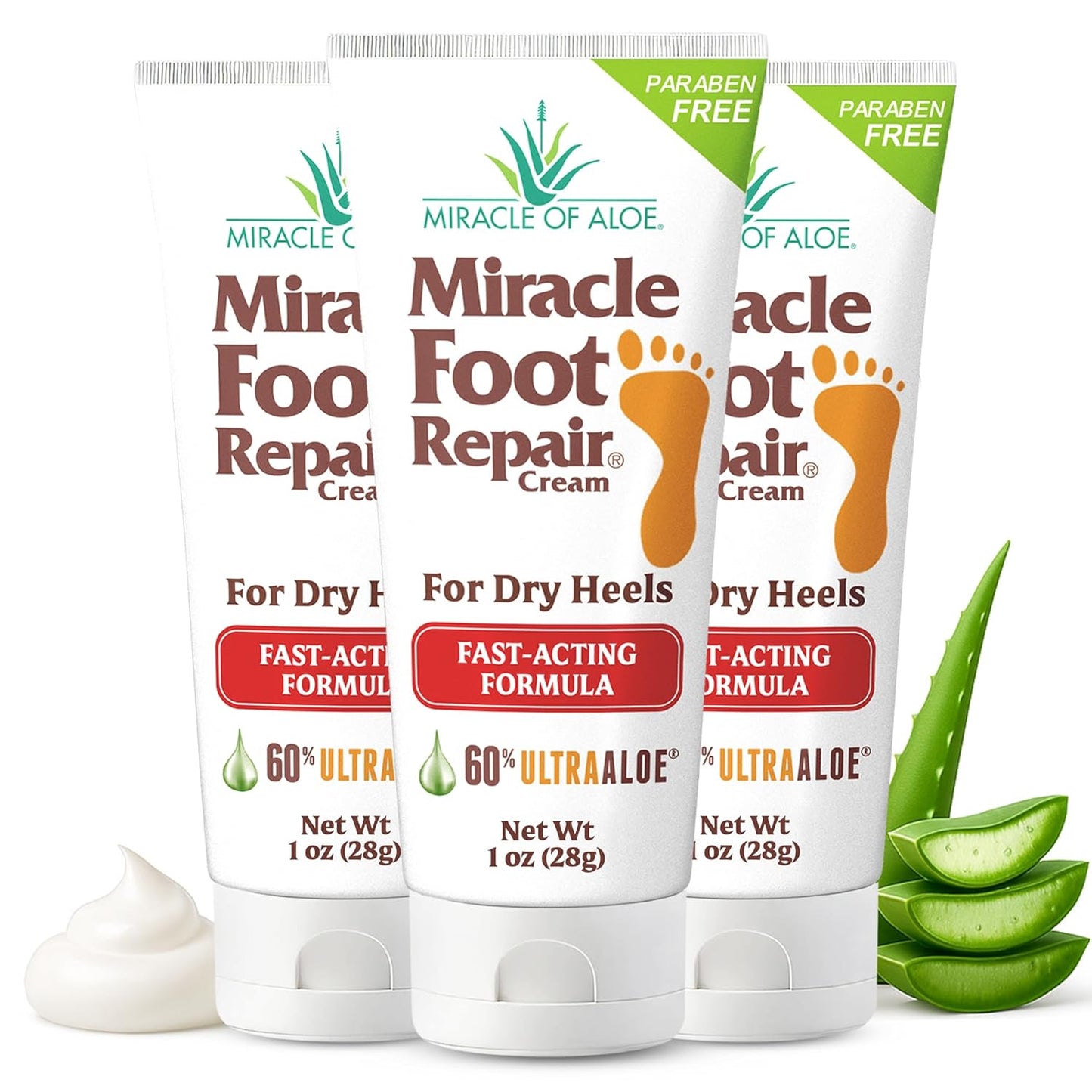 Miracle Foot Repair Cream, (1 oz / 3 Pack) Repairs Dry Cracked Heels and Feet, 60% Pure UltraAloe Moisturizes, Softens, and Repairs