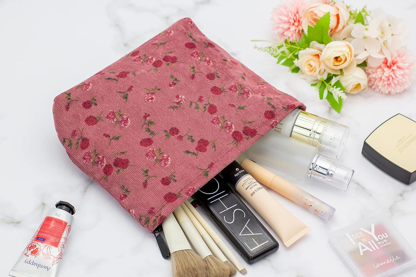 PAZIMIIK Makeup Bag Large Zipper Corduroy Make Up Pouch for Purse Travel Canvas Cosmetic Organizer for Women Brush Storage,Vintage Rose Red