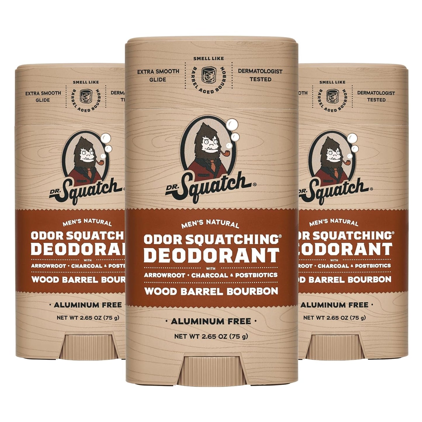Dr. Squatch Natural Deodorant for Men 3 Pack Wood Barrel Bourbon – Odor-Squatching Men's Deodorant Aluminum Free (2.65 oz, 3 Pack)