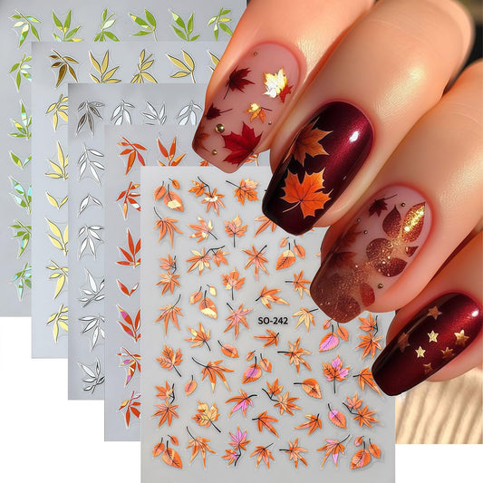 5 Sheets Fall Nail Art Stickers Autumn Maple Leaf Nail Decals 3D Self-Adhesive Thanksgiving Day Maple Leaf Nails Decals with Gold White Orange Green Leaves Nail Stickers for Women Manicure Decoration