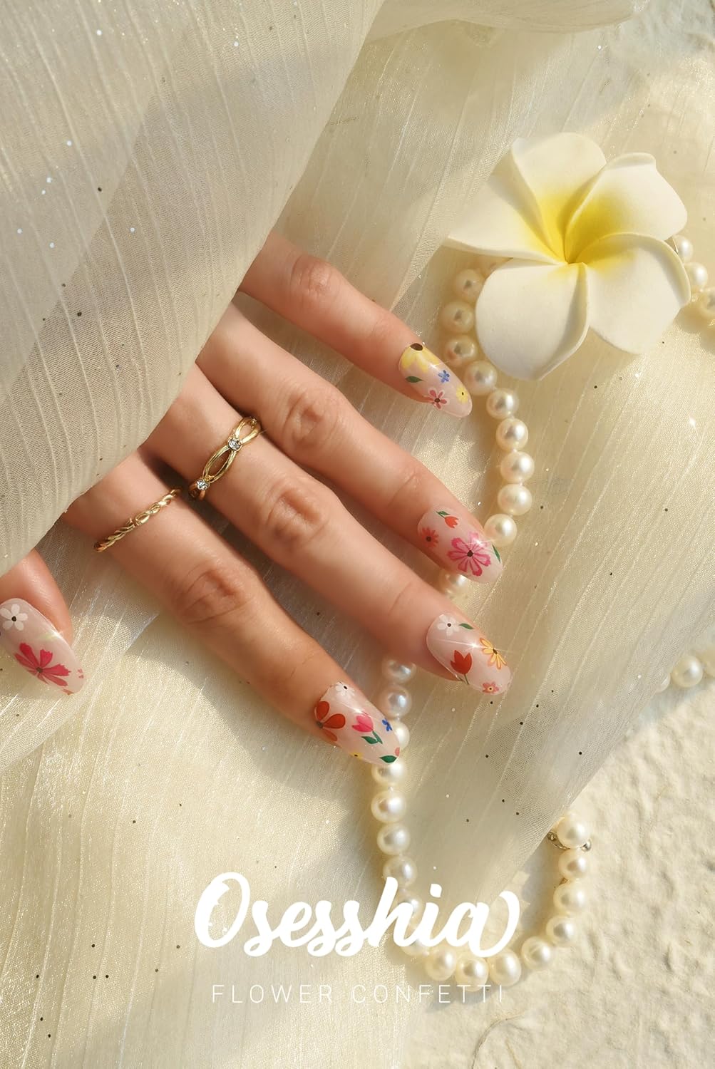 Semi Cured Gel Nail Strips, 20 pcs Nail Wraps, Glaze Stickers, Salon Quality French Manicure, Full Decal Gel Polish Strips, Long Lasting SCG, Easy on, UV Required (Flower Confetti)