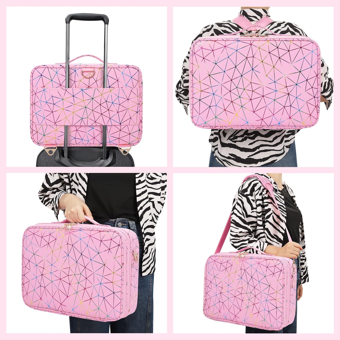 Professional Makeup Case Bag|3 Layers Large Capacity Cosmetic Organizer Brush Bag,Barber Train Case Makeup Artist Box,PU Leather Stylish Geometric Reflection Patterns Pink
